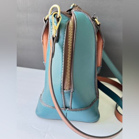 Adrianne Vittadini Signature Collection Dome Satchel w/Lock Chocolate Teal Bag - Picture 3 of 13